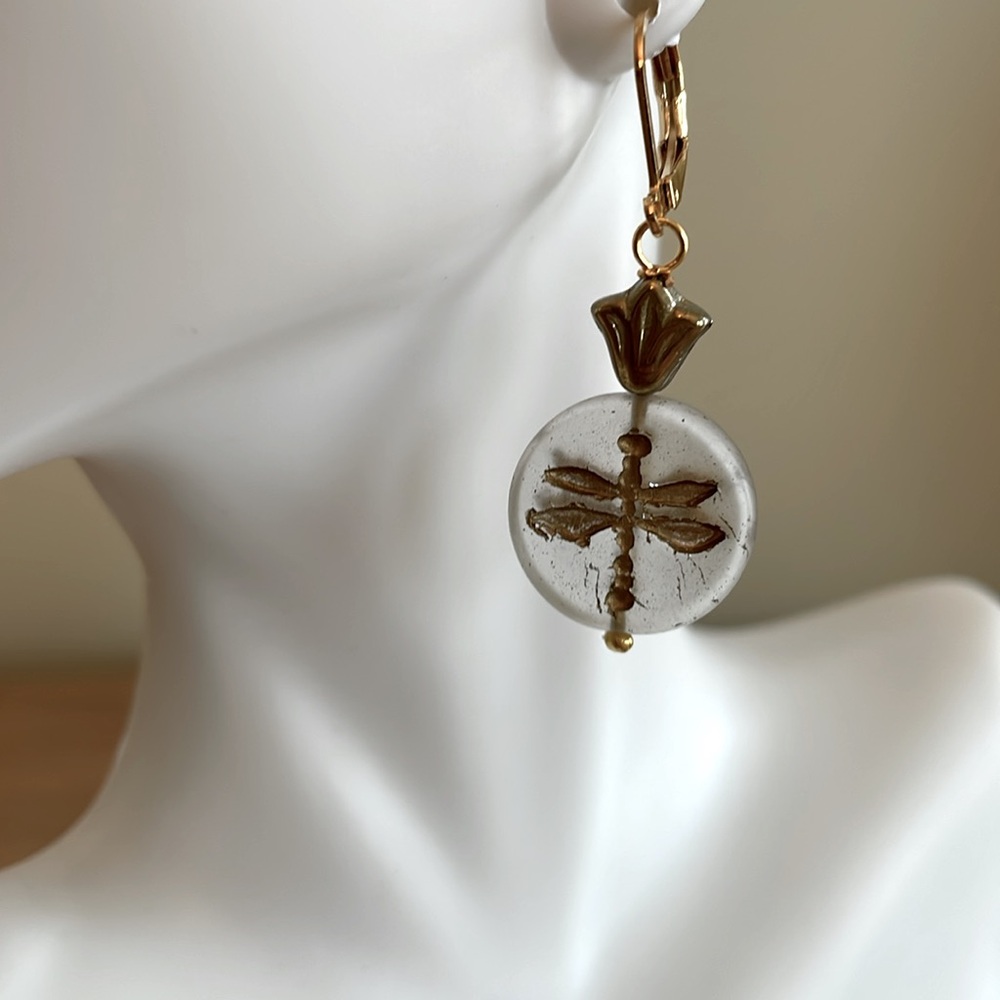 HAND CRAFTED PIERCED EARRINGS Czech Glass Dragonflies  Floral Gold White
